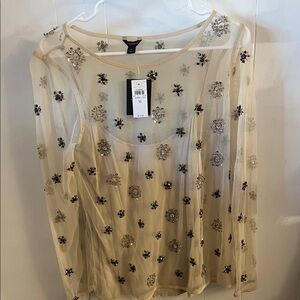 Ann Taylor Beige Sheer Floral Blouse